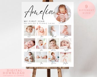 milestone birthday sign, printable baby's first year poster template, baby 1st birthday milestone board, 1st Birthday Photo Collage Sign,208