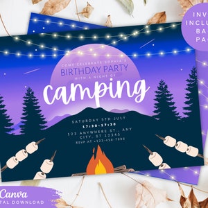 May include: Purple and blue camping birthday party invitation with a moon, stars, and a campfire. The text reads "Come celebrate Sophia's Birthday Party with a night of camping".