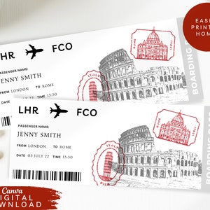 Billet d'avion d'embarquement modifiable, bon de commande pour voyage surprise à imprimer, carte d'embarquement à destination, bon cadeau billet d'avion de vacances à Rome, 092
