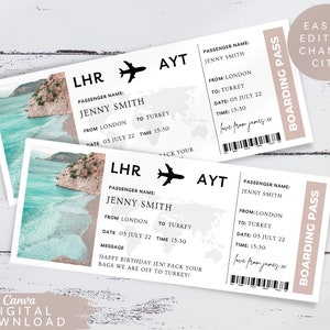 Billet d'avion modifiable pour la Turquie, bon de commande pour voyage surprise à imprimer, carte d'embarquement à destination modifiable, bon cadeau billet d'avion,077