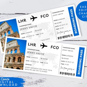 Bilhete de avião editável para embarque em Roma, Voucher de viagem surpresa para impressão, Voucher de destino de férias, Voucher de presente de passagem aérea de férias, 077