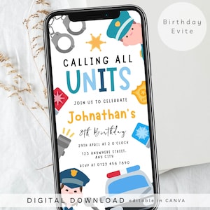 Calling all units e-invite, Police party invite, Text Message Invitation, cop birthday digital invite, police birthday invite, 416