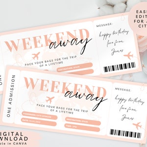 Bearbeitbares Weekend Away Travel Ticket, Print Surprise Trip Voucher, Urlaubszielgutschein, Urlaubsticket, City Break Voucher, 199