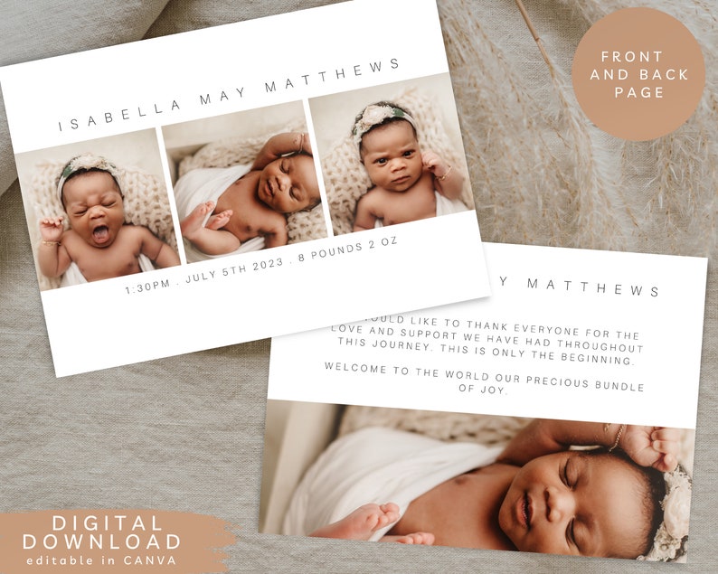Editable Birth Announcement, Newborn Thank You Card, Newborn Welcome Postcard, Baby Announcement Card, Printable Baby Birth Card, 143 image 1