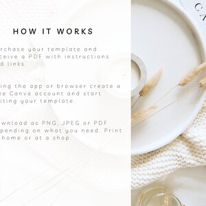 May include: A white plate with a beige knitted blanket and dried pampas grass. The plate has the word "CAFE" written on it in black text. The text "HOW IT WORKS" is written in black text on a white background. The text describes how to purchase a template, create a free Canva account, and download the template as a PNG, JPEG, or PDF.
