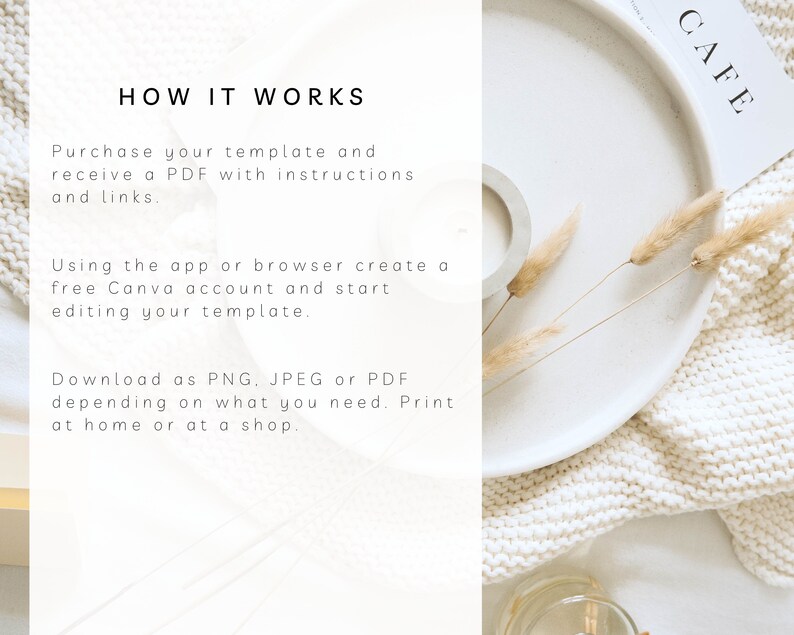 May include: A white plate with a beige knitted blanket and dried pampas grass. The plate has the word "CAFE" written on it in black text. The text "HOW IT WORKS" is written in black text on a white background. The text describes how to purchase a template, create a free Canva account, and download the template as a PNG, JPEG, or PDF.