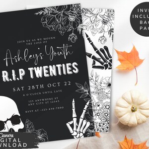 May include: Black and white invitation with a skull and crossbones graphic. The text reads "Join us as we mourn the loss of Ashley's Youth R.I.P. Twenties Sat 28th Oct 22 6 o'clock until late 123 Anywhere St Any City St 12345 RSVP at 123-456-7890".