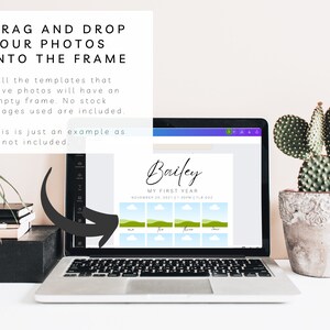 Peut inclure: Un &eacute;cran d'ordinateur portable affichant un mod&egrave;le num&eacute;rique pour un album photo de la premi&egrave;re ann&eacute;e d'un b&eacute;b&eacute;. Le mod&egrave;le est de couleur verte, bleue et blanche avec un titre qui dit "Bailey My First Year" et une date de "November 20, 2021 1:30PM 78 502". Le mod&egrave;le comporte six cadres photo.