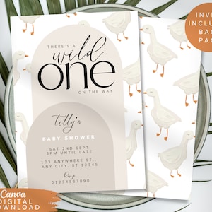 May include: A printable baby shower invitation with a white background and a pattern of white geese. The invitation has a tan arch with the text "There's a wild one on the way" in black text. The text "Tilly's Baby Shower" is in black cursive text. The date and time of the shower are listed below, along with the address and RSVP information.
