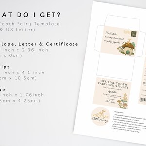May include: Printable tooth fairy template kit with a certificate, envelope, letter, receipt, and badge. The template includes a tooth fairy illustration and the text "Official Tooth Fairy Certificate".