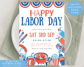 Invitation modifiable pour un barbecue de la fête du travail, invitation pour le week-end de la fête du travail, invitation d'été dans l'arrière-cour, invitation à un barbecue d'été, invitation à une fête à la piscine