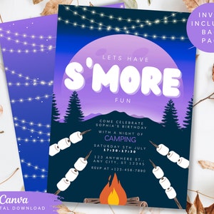 May include: Purple and blue camping birthday party invitation with a moon, stars, and a campfire. The text reads "Let's Have S'more Fun. Come Celebrate Sophia's Birthday with a Night of Camping. Saturday 5th July 17:30-17:30. 123 Anywhere St., Any City, ST 12345. RSVP at 123-456-7890."
