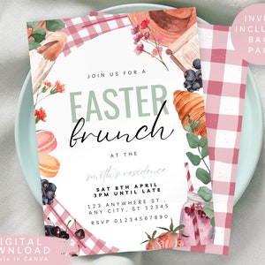 Inbjudan till påskbrunch, påskpicknickfest, inbjudan till påskäggsbrunch, pastellfärgad påskinbjudan, picknickfestinbjudan, inbjudan till eftermiddagste, 202 bild 1