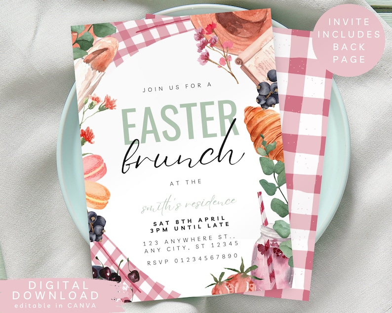 Inbjudan till påskbrunch, påskpicknickfest, inbjudan till påskäggsbrunch, pastellfärgad påskinbjudan, picknickfestinbjudan, inbjudan till eftermiddagste, 202 bild 1