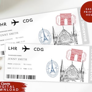 Bearbeitbares Boarding-Flugzeugticket, Drucküberraschungsreise-Gutschein, bearbeitbarer Frankreich-Urlaubszielgutschein, Paris-Urlaubsticket-Gutschein, 092
