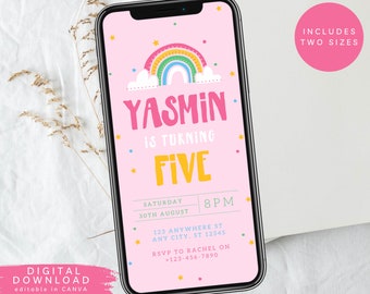 May include: A pink digital invitation with a rainbow, clouds, and stars. The text reads "Yasmin is turning Five. Saturday 30th August 8PM 123 Anywhere St Any City, ST 12345 RSVP to Rachel on +123-456-7890". The invitation is designed for a child's birthday party.