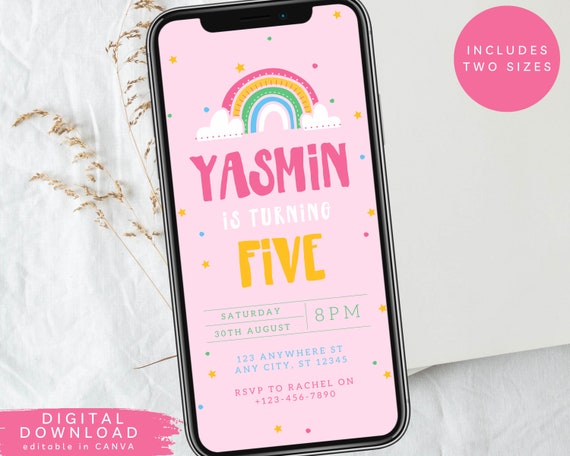 Editable Rainbow electronic invite, Rainbow birthday e-invite, Stars and rainbow Invite, kids rainbow Digital Text Message Invitation, 384