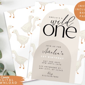 Bearbeitbare Gänse Baby 1. Geburtstag einladen, eine wilde einladen, neutrale Enten Geburtstagseinladung, Baby Tier einladen, digitaler Download 004