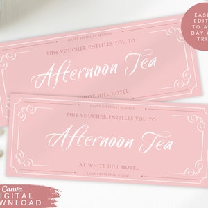 Vale de té de la tarde editable, Tarjeta de regalo sorpresa de día libre, Vale de regalo de Navidad, Vale de regalo para imprimir en casa, Tarjeta de regalo de viaje de cumpleaños, 085