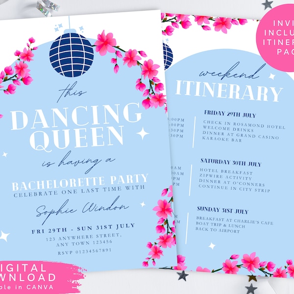 Mediterranean Bachelorette Invite, Hen Weekend Away Itinerary Invite, Dancing Queen Bachelorette Invite, Greek Theme bridal invite, 341