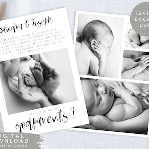 Tarjeta de propuesta de padrinos editable, tarjeta de anuncio de padrinos imprimible, tarjeta de propuesta de padrinos de recién nacidos personalizada, 386