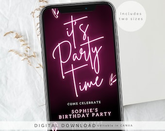 Pink Neon It’s party time electronic invite, Neon birthday e-invite, Teen Party Invite, Hot Pink Neon Digital Text Message Invitation, 244