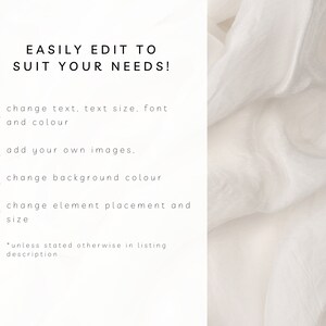 May include: Text on a white background that reads "EASILY EDIT TO SUIT YOUR NEEDS!" with a list of four bullet points: "change text, text size, font and colour", "add your own images", "change background colour", and "change element placement and size". The text at the bottom of the image reads "*unless stated otherwise in listing description".