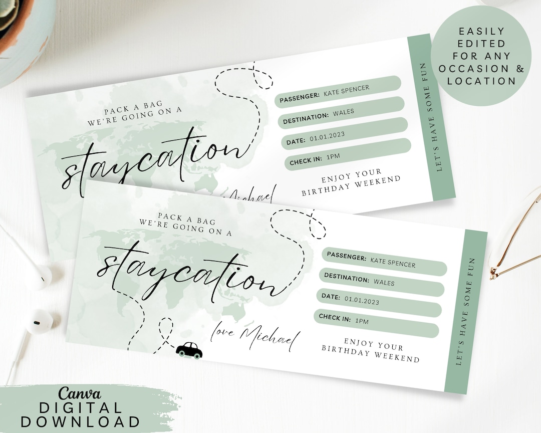 Editable Staycation Travel Ticket, Print Surprise Trip Voucher, Destination Boarding Pass ...