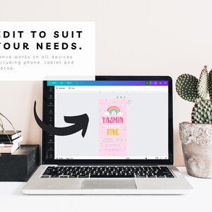 May include: A laptop computer displaying a pink and yellow birthday invitation with a rainbow and the text "YASMIN is turning FIVE". The invitation is on a Canva screen with a black arrow pointing to it.