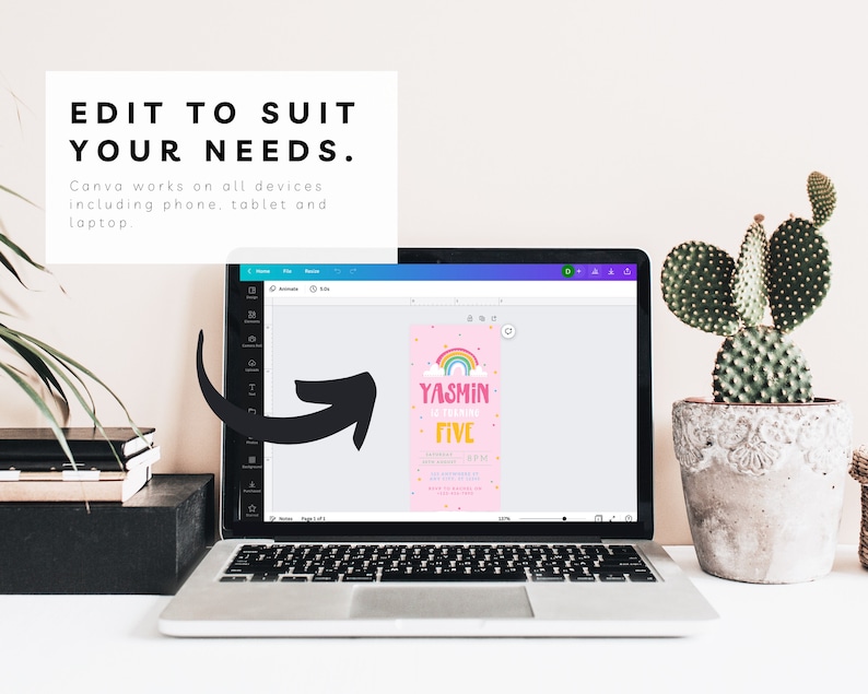 May include: A laptop computer displaying a pink and yellow birthday invitation with a rainbow and the text "YASMIN is turning FIVE". The invitation is on a Canva screen with a black arrow pointing to it.