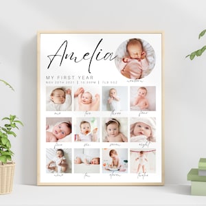 Peut inclure: Une affiche blanche avec un collage de photos en noir et blanc d'une petite fille pendant sa premi&egrave;re ann&eacute;e. L'affiche porte le nom du b&eacute;b&eacute; "Amelia" en haut et le texte "Ma premi&egrave;re ann&eacute;e" en dessous. L'affiche comprend &eacute;galement la date de naissance et le poids du b&eacute;b&eacute;. Les photos montrent le b&eacute;b&eacute; &agrave; diff&eacute;rents &acirc;ges, de nouveau-n&eacute; &agrave; douze mois.