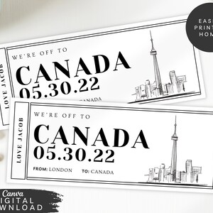 Bilhete de embarque editável, Voucher de viagem surpresa para impressão, Voucher de destino de férias editável, Voucher de presente de passagem de férias no Canadá, 091