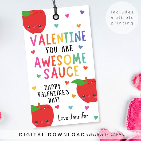 Editable Valentines Applesauce Gift Tag, Friends Valentines Tag, Teacher Appreciation Apple Gift Tag, Awesome Sauce Valentine Tag, 390