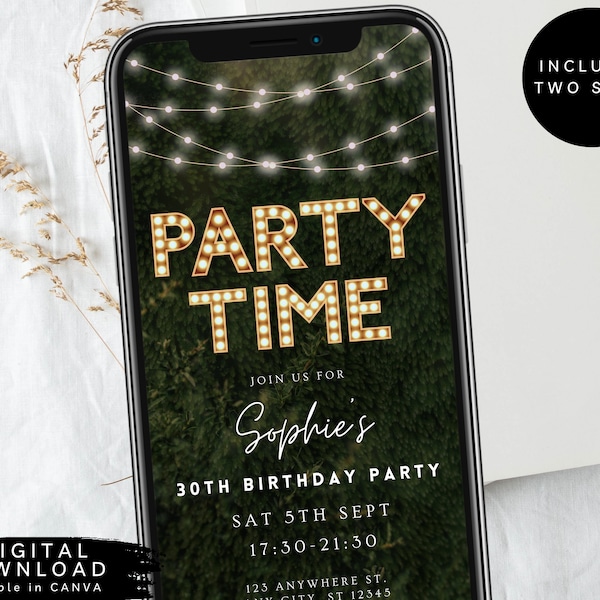 Marquee Lights party time electronic invite, lights birthday e-invite, string lights Party Invite, Digital Text Message Invitation, 245