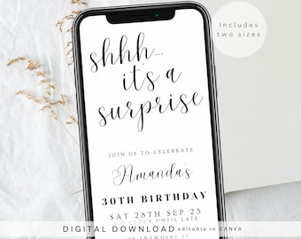Shhh... it's a surprise e-invite, surprise party evite, Text Message Invitation, Adult Mobile Phone invite, Digital birthday invite, 351