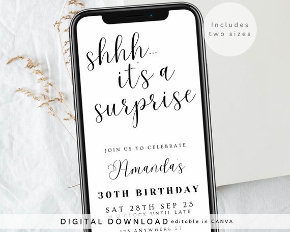 Shhh... it's a surprise e-invite, surprise party evite, Text Message Invitation, Adult Mobile Phone invite, Digital birthday invite, 351