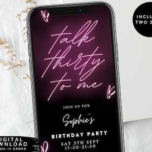 Neon 30th birthday invite, Talk Thirty to me electronic invite, Pink Neon Digital Invite, Thirtieth Birthday Text Message Invitation, 240