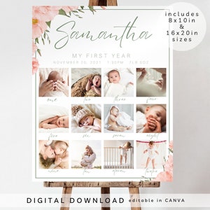 plaque d'anniversaire importante, modèle d'affiche de la première année de bébé Polaroid, panneau d'étape importante pour le 1er anniversaire de bébé, panneau de collage photo 1er anniversaire, 129
