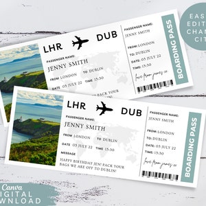 Bearbeitbares Dublin-Einflugticket, Drucküberraschungsreise-Gutschein, bearbeitbare Zielbordkarte, Flugticket-Geschenkgutschein, 077