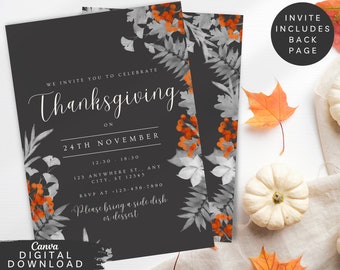 Invitation d'automne pour Thanksgiving, invitation à une fête avec des feuilles d'automne pour action de grâces, invitation à une fête festive, invitation à un dîner entre amis, invitation à des baies, 031