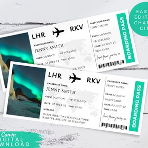 Bilhete de avião de embarque editável para Islândia, Voucher de viagem surpresa para impressão, Cartão de embarque de destino editável, Voucher de presente de passagem aérea, 077