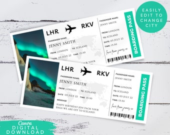 Editable Iceland Boarding Plane Ticket, Print Surprise Trip Voucher, Editable Destination Boarding Pass, Airline Ticket Gift Voucher,077