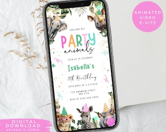 Calling all party animals e-invite, safari animated invite, party Text Message Invitation, animated invite, baby animal birthday invite, 290