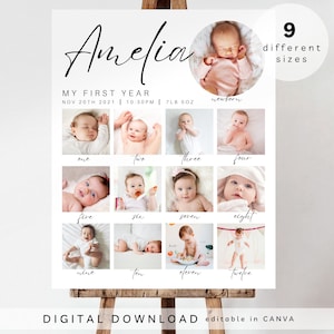 signo de cumpleaños de hito, plantilla de póster de primer año imprimible del bebé, tablero de hitos del primer cumpleaños del bebé, signo de collage de fotos del primer cumpleaños, 208