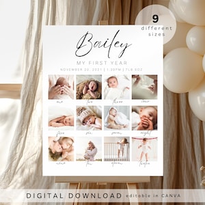 Signe d'anniversaire important, modèle d'affiche imprimable de la première année de bébé, panneau d'étape important du 1er anniversaire de bébé, signe de collage de photo du 1er anniversaire,062