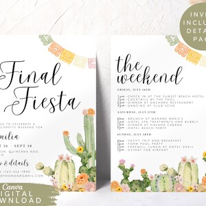 May include: A printable invitation for a bachelorette party with a cactus and desert theme. The invitation says "Final Fiesta" and includes the name "Emilia" and the dates "Sept 16 Sept 18". The invitation also includes the location "Cancun Quintana Roo Mexico" and the text "Esop & details".