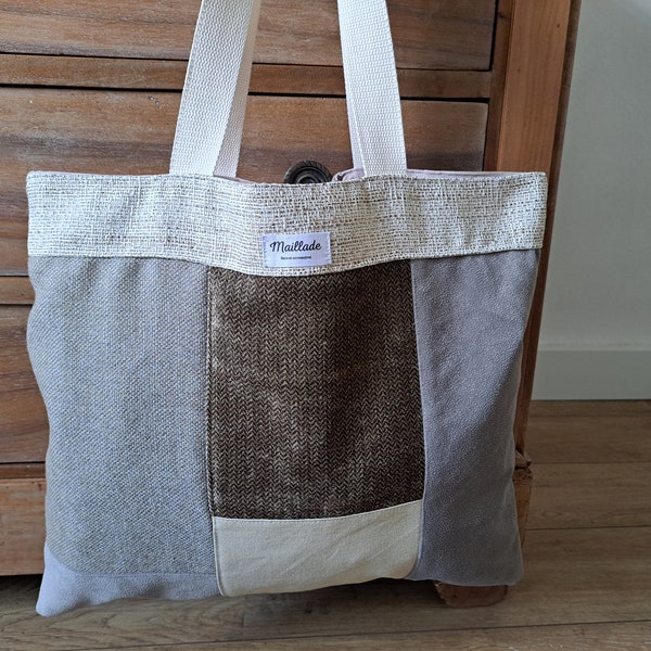 Tote-bag XXL multi-matières, sac fourre-tout, tissu upcyclé, sac cabas, fait en France