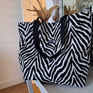 Einkaufstasche aus Möbelstoff mit Zebramuster, große Tasche, Einkaufstasche, Wochenendtasche