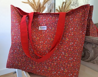 Tote bag grande con favorito, bolsito y llavero, bolso tote, tela de flores, bolso shopping, bolso tote XXL, bolso de playa, bolso rojo