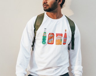 Sudadera con cuello redondo con la línea de bebidas paquistaníes / Suéter Pakola Vimto Shezan Rooh Afza / Regalo de Eid Ramadan / Bebidas nostálgicas / Bebidas Desi